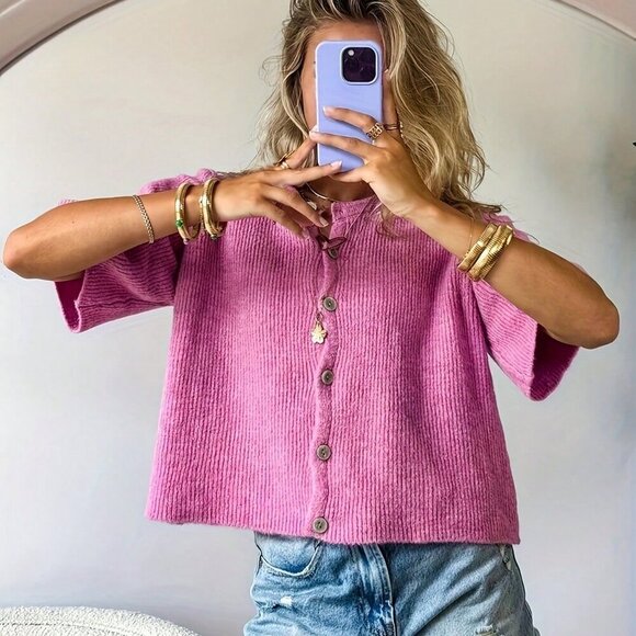 Hot Pink Casual Women's Front Button Short-Sleeved Knitted sweater Cardigan - Picture 2 of 6